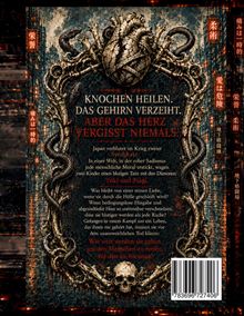 Texte: "Knochen heilen. Das Gehirn verzeiht. Aber das Herz vergisst niemals." Illustration: Herz umgeben von Schlangen.
