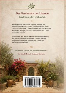 „Der Geschmack des Libanon: Tradition, die verbindet.“ Darunter mediterraner Hof mit Pflanzen und historischem Tor.
