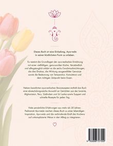 Lotus und Ganesha Illustration, daneben Tulpen. Text beschreibt ein ayurvedisches Buch über Ernährung und Rezepte.
