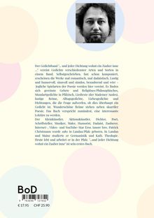 Text über Gedichtband mit Titel, Autoreninfo und Biografie. Rechts ein Schwarz-Weiß-Porträtfoto. Hintergrund pastellfarben.