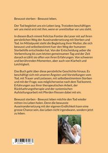 Ein Buchrücken in hellem Orange. Text beschreibt den Umgang mit Tod und Sterben, um das Leben bewusst zu führen. Unten rechts ein Bild von einer Person mit einem Pferd.