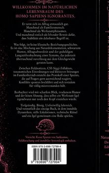 Ein Buchcover mit Text über den "Homo Sapiens Ignorantes", Naturdokumentation und Humor. Darunter ein rosa Igel und Hinweistext.