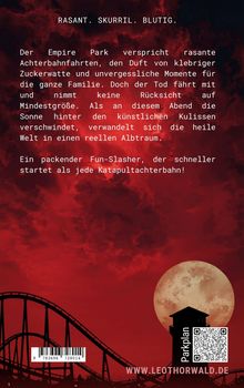 Rasant. Skurril. Blutig. Empire Park verspricht unvergessliche Momente, wird jedoch zum Albtraum. Silhouette einer Achterbahn vor rotem Himmel.