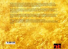 Texte beschreiben den Urknall und seine metaphysische Bedeutung. Im Hintergrund goldene Textur. Unten rechts ein schwarz-rotes Logo.