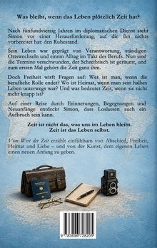 Oben steht: "Was bleibt, wenn das Leben plötzlich Zeit hat?" Unten sind Brieftasche, Pass, Notizbuch, Brille und Kamera.