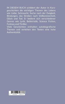 Ein lila Buchrückentext beschreibt Kurzgeschichten über Liebe, Sehnsucht, Ewigkeit, Glück und Tod. Unten: Barcode.