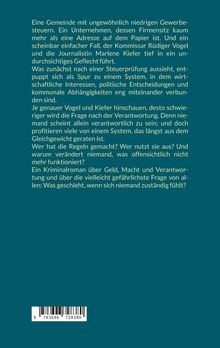 Ein Klappentext beschreibt einen Kriminalroman über Macht, Geld, und Verantwortung. Unten ist ein Barcode.