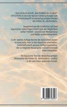 Text über Hans Drieschs Werk zur Freiheit, Hintergrund mit zarten, cremefarbenen Mustern, darunter ein Barcode.