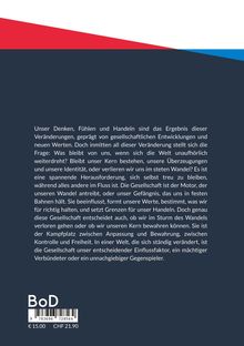 Text über gesellschaftliche Veränderungen und Identität. Rotes, weißes und blaues Farbmuster oben, BoD-Logo unten.