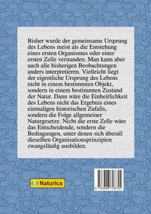 Ein Text über den Ursprung des Lebens und Naturgesetze. Unten links ist ein Logo mit der Aufschrift "Naturics".