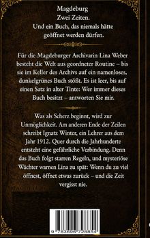 "Magdeburg. Zwei Zeiten. Und ein Buch, das niemals hätte geöffnet werden dürfen." Text in goldenem Rahmen auf dunklem Hintergrund.