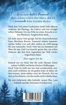 Text über eine komplizierte Beziehung, arrangierte Ehe und Geheimnisse auf blauem Hintergrund mit Wasser- und Waldmotiv.
