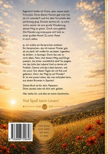 Text über eine persönliche Reise und Erleuchtung, unten "Viel Spaß beim Lesen!" und "Eine Reise. Eine Liebe. Ein Weg zu mir." Vor einem Sonnenuntergang über einem blühenden Feld.