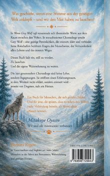 Rückseite eines Buches mit einem heulenden Wolf und Bergen. Texte beschreiben spirituelle Themen und die Autorin Barbara Rigert.