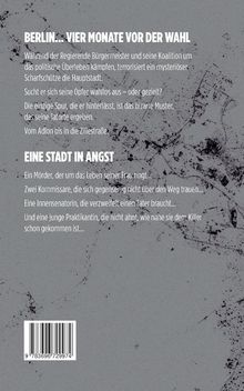 Text über eine Krise in Berlin: Ein Scharfschütze terrorisiert die Stadt vor der Wahl. Dramatische Verstrickungen. Grauer Hintergrund mit schwarzen Flecken.