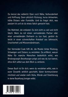 Ein Text über Beziehungsmuster, vermeidende Partner und Bindungsangst. Barcode unten links. Dunkler Hintergrund.