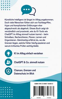 Ein Text über den Alltag mit KI und ChatGPT. Drei Punkte: KI verstehen, ChatGPT nutzen, Chancen und Datenschutz beachten. Oben Sprechblasen.
