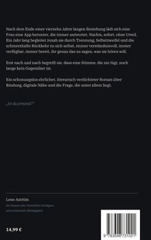 Ein Text beschreibt eine Frau nach einer 14-jährigen Beziehung und ihre digitale Bindung. Preis: 14,99 €. Autorin: Lene Aström.
