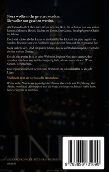 Buchrückentext von "Weine nicht, Nora". Thema: Verführung, Liebe, Macht. Verlag: Alexander Macke. Skyline im Hintergrund.