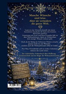 Text über leise Wünsche. Schneeflockenelfe Lumi lauscht Wünschen. Winterliches Dorf mit Schnee, Lichter und Weihnachtsbaum.