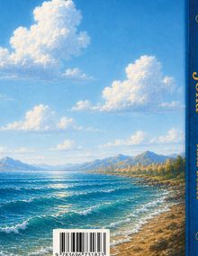 Illustration einer Küstenlandschaft: Wellen am Strand, ferne Berge und eine Stadt am Horizont unter einem blauen Himmel mit Wolken.