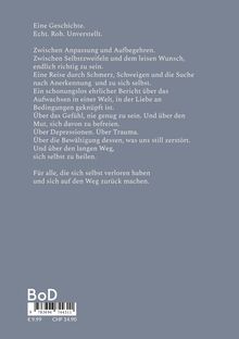 Ein Text über Selbstfindung, Schmerz, Anpassung, Depressionen und den langen Weg zur Heilung. Unten sind ein Barcode, BoD-Logo und Preisangaben.
