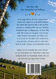 Oben steht: „Eine Reise voller Mut, Freundschaft und Hoffnung.“ Darunter eine Geschichte über eine junge Elefantin. Links ein Baum, unten eine Landschaft mit Kühen.