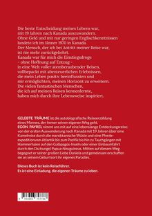 Roter Hintergrund mit weißem Text über die Auswanderung nach Kanada und Abenteuerreisen. Unten: Buchtitel und Autor.