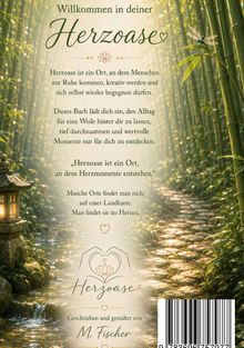 "Willkommen in deiner Herzoase", gefolgt von einem Text über Ruhe, Kreativität und wertvolle Momente. Illustration eines Bambuswegs mit Laterne und Libelle.