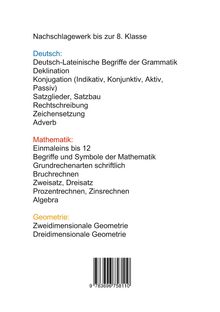 Text-Inhaltsverzeichnis: Deutsch, Mathematik, Geometrie bis zur 8. Klasse. Enthält Grammatik, Rechnen, Algebra. Darunter ein Barcode.