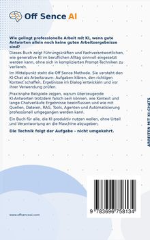 „Off Sence AI“ oben, Text über professionelle Arbeit mit KI, beschreibt die „Off Sence Methode“. Enthält Barcode.