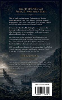 Logo des "RABENKÖNIG". Text über Úlfur, einem Jungen in Konflikten und Legenden. Unten eine Küstenlandschaft mit einem Schiff.