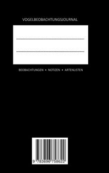 "Vogelbeobachtungsjournal" steht oben, darunter Linien. Unten: "Beobachtungen • Notizen • Artenlisten", ein Barcode links.