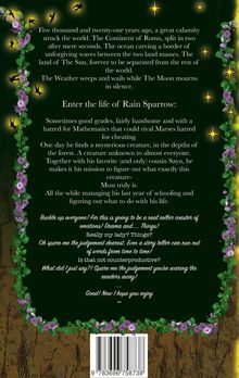 Text über eine alte Katastrophe, den Kontinent Roma, und die Geschichte von Rain Sparrow. Florales Design mit Sternen.
