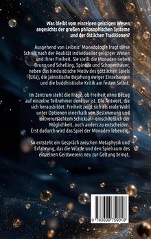 Text über Philosophie und Freiheit; Hintergrund voller schwebender, leuchtender Kugeln auf dunklem Grund.