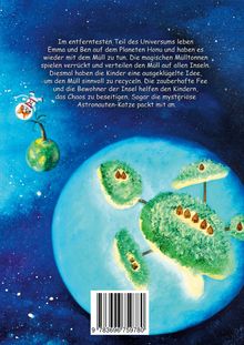 Text: Im entferntesten Teil des Universums leben Emma und Ben... Astronauten-Katze packt mit an. Illustration: Insel im All.