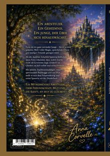 Buchtitel-Text über ein Abenteuer, ein Geheimnis und Mut. Fantasievolle Landschaft mit schwebender Burg und leuchtender Schatztruhe.
