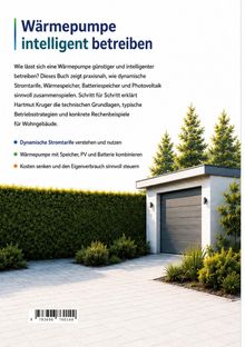 Titel: "Wärmepumpe intelligent betreiben". Beschreibung von Stromtarifen, Speichern, PV und Kosten. Bild: Garagentor, Hecke, Bäume.