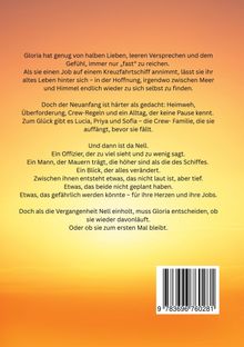 Text über Glorias Neustart auf einem Kreuzfahrtschiff, ihre Herausforderungen, die Crew als Unterstützung, und Beziehung zu Nell. Hintergrund mit Farbverlauf von Orange zu Gelb. Unten ein Barcode.