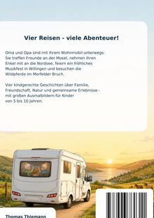 "Vier Reisen - viele Abenteuer!" Oma und Opa reisen im Wohnmobil. Malerische Landschaft mit Fluss, Hügeln und Pferden im Hintergrund.