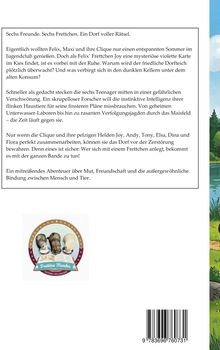 Sechs Freunde. Sechs Frettchen. Ein Dorf voller Rätsel. Illustration eines Logos mit drei Frettchen und einem Buch.