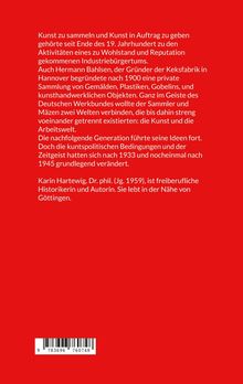 Roter Hintergrund mit weißem Text über Kunstsammlung und -förderung, erwähnt Hermann Bahlsen und Autorin Karin Hartewig.