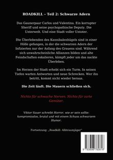 Text: "ROADKILL – Teil 2: Schwarze Adern. Nichts für schwache Nerven." Beschreibung: Text über Survival-Horror in einer Stadt.