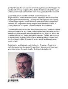 Der Text beschreibt zwei philosophische Bücher über Gewissheit und Ethik. Darunter ist das Foto eines älteren Mannes mit Brille.