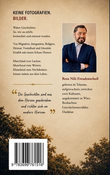 Texte über wahre Geschichten zu Migration und Identität. Autor: Reza Nili-Freudenschuß. Naturillustration unten.