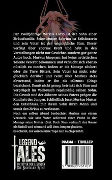 Text über eine Zirkusfamilie. Unten links ein Logo mit „LEGEND TALES“ und rechts daneben steht „DRAMA - THRILLER“. Im Hintergrund eine Person auf einem Trapez.