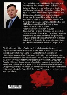 Links oben steht ein Porträt eines Mannes in einem Anzug vor einem hellen Hintergrund. Rechts davon befindet sich ein Text über den Projektingenieur und Schriftsteller Konstantin Bogatski, der in Deutschland lebt. Weitere Informationen umfassen seine Karriere, Auszeichnungen und ehrenamtliches Engagement. Darunter ein weiterer Text über die soziale und wirtschaftliche Krise in der Ukraine. Rechts unten ist ein roter Farbklecks.