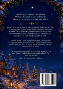 Ein Adventskalenderbuch mit 24 Geschichten über Wärme und Gemeinschaft. Winterliche Schneelandschaft mit beleuchteten Häusern.