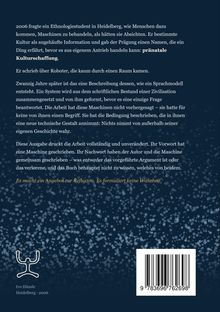 Texte beschreiben pränatale Kulturschaffung und Maschinen. Zitat: "Es macht ein Angebot zur Reflexion. Es formuliert keine Wahrheit." Unten links ein abstraktes Logo.