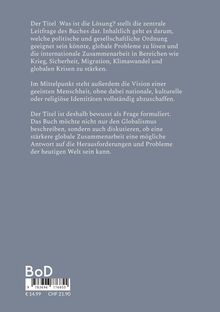 Text über die zentrale Frage des Buches zur Stärkung globaler Zusammenarbeit; Preisinformation unten. Hintergrund grau.